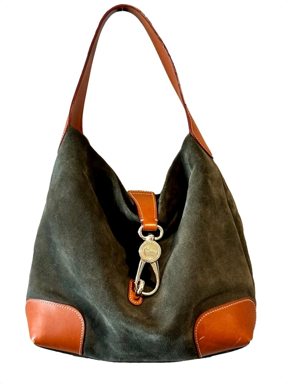 Dooney & Bourke Green Suede Hobo Bag with Brown Leather Accents - has flaws
